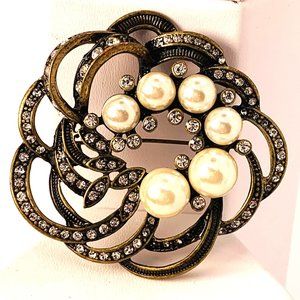 NRT Rhinestone and Faux Pearl Brooch Antique Gold Setting Statement